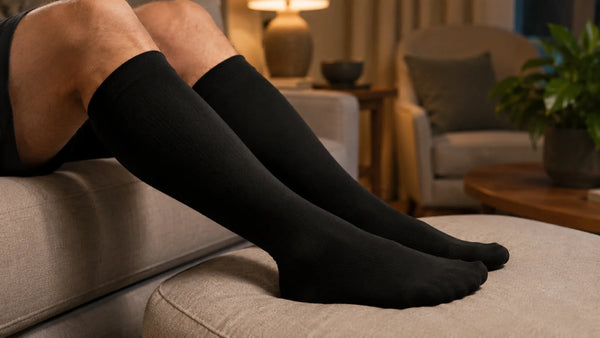 Man's lower legs in black knee-high compression socks, resting elevated on a cushion in the evening