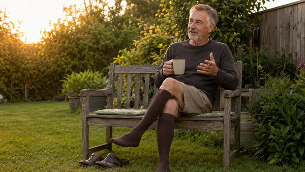 Man in his sixties on a garden bench in the evening, ankles crossed in coffee brown knee-high compression socks