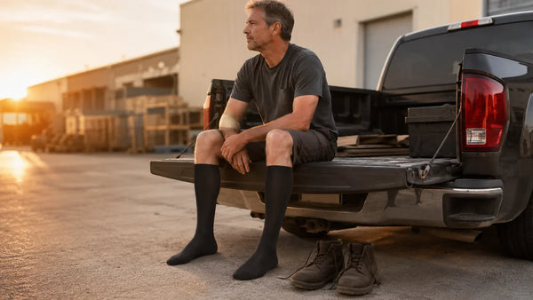 Man sitting on a pickup tailgate at the end of a workday with his boots off, in black knee-high compression socks
