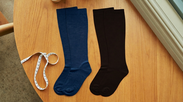Blue and black knee-high compression socks laid flat on an oak table with a measuring tape