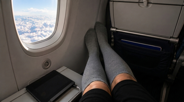 Traveler's legs in gray knee-high compression socks stretched out by an airplane window over clouds