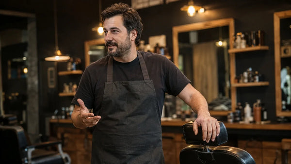 Barber in a plain apron leaning on his chair at the end of the day