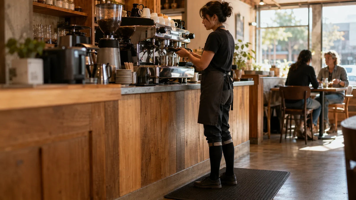 Barista standing on an anti-fatigue mat behind a cafe counter in black knee-high compression socks