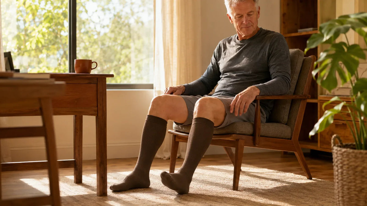 Man in his sixties rolling his ankles at a home desk, wearing coffee brown knee-high compression socks