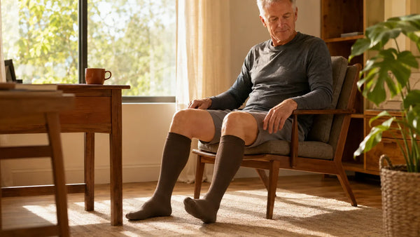 Man in his sixties rolling his ankles at a home desk, wearing coffee brown knee-high compression socks
