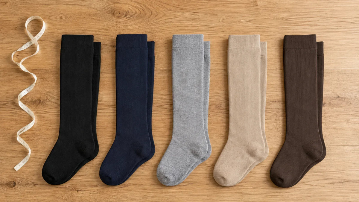 Five pairs of knee-high compression socks in black, navy, heather gray, beige and coffee brown laid in a row