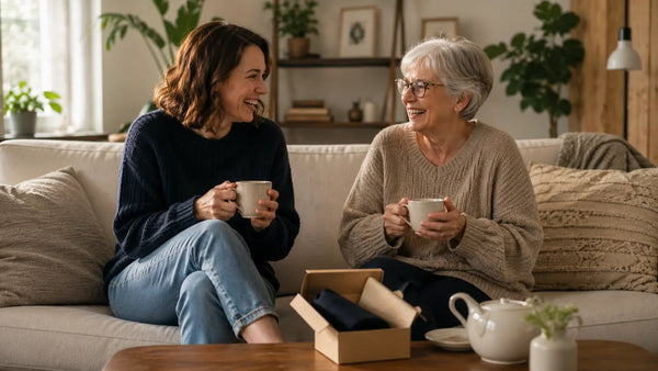 A woman in her thirties and her mother in her seventies laughing together over tea on a sofa