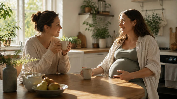 Two women talking over tea at a sunlit kitchen table, one in her third trimester