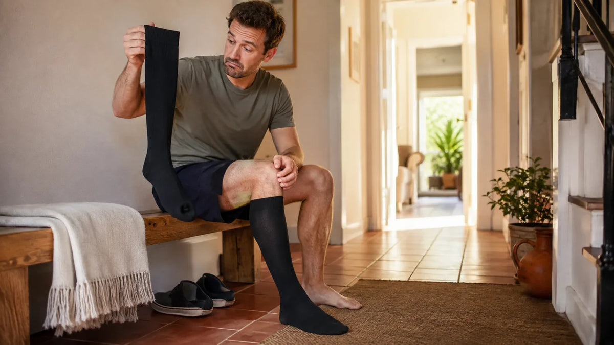 Man sitting in a hallway looking sceptically at a black knee-high compression sock in his hand