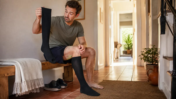 Man sitting in a hallway looking sceptically at a black knee-high compression sock in his hand