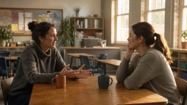 Two women talking over coffee at a table in an empty school staff room after hours