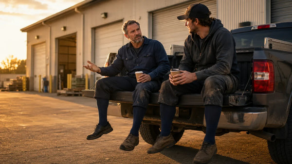 Two men talking on a truck tailgate outside a warehouse at the end of a shift
