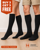 Black knee-high compression socks on men's and women's legs — Buy 3 Get 3 Free, 15–25 mmHg graduated, unisex