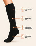 Compression sock features — graduated compression, breathable knit, cushioned sole, non-binding top