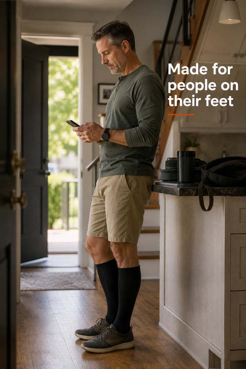 Man wearing The Well Socks knee-high compression socks at home graduated compression socks 15-25 mmHg