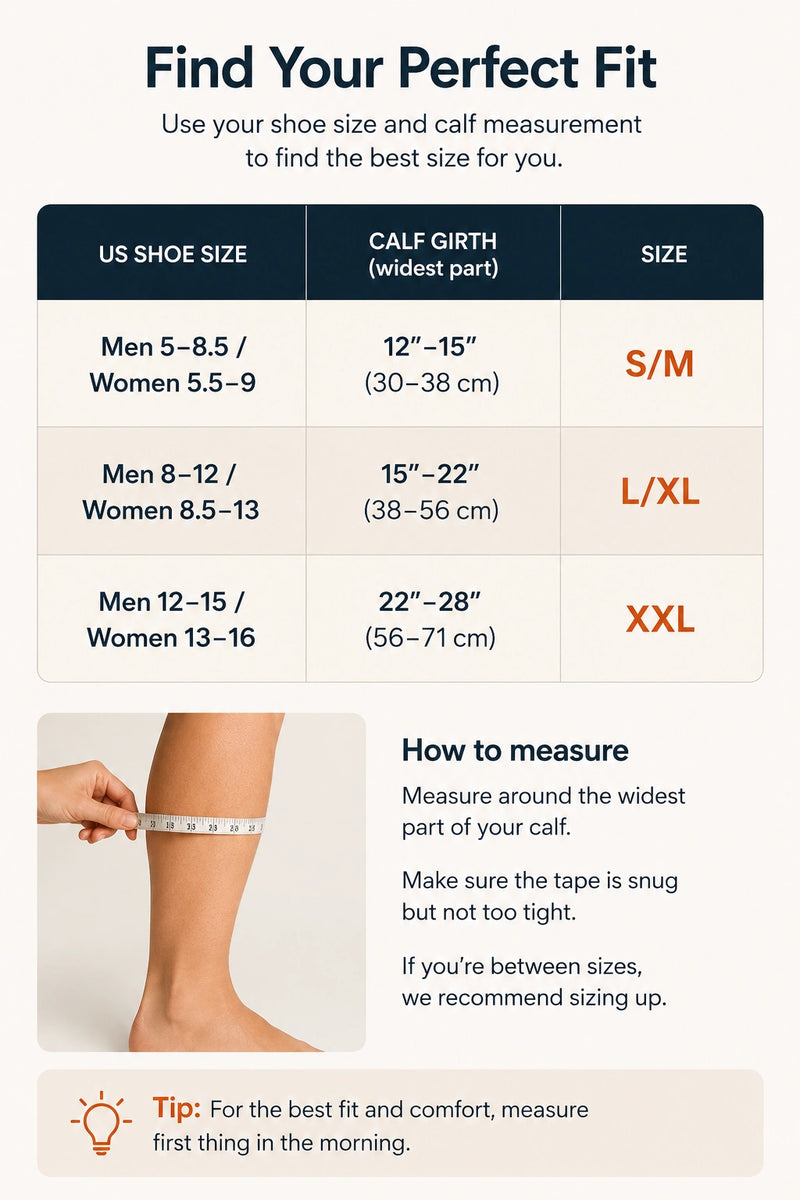 Compression socks size chart — S/M, L/XL, XXL by US shoe size and calf girth graduated compression socks 15-25 mmHg