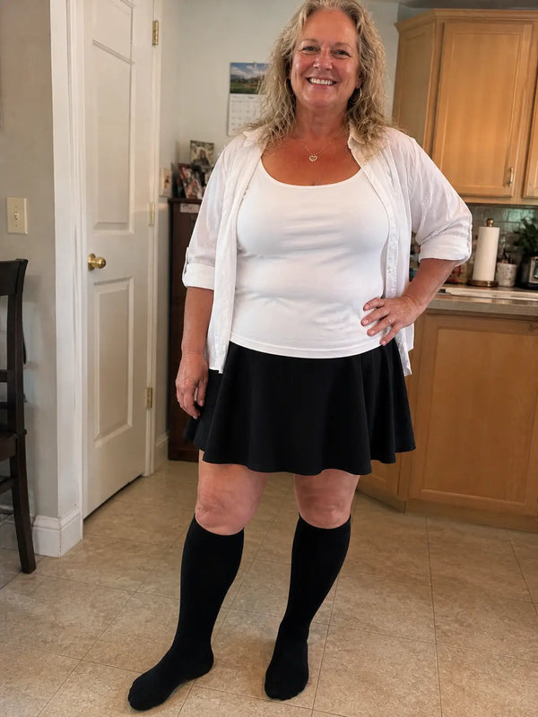 Plus size woman wearing knee high compression socks for everyday comfort