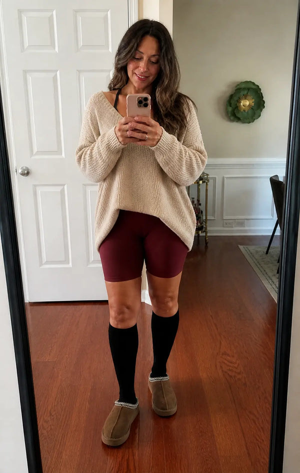 Woman wearing blue compression socks while relaxing at home