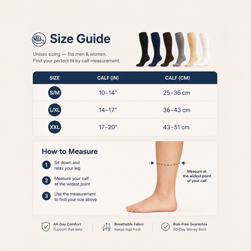 Compression socks size chart — S/M, L/XL, XXL by calf girth and US shoe size graduated compression socks 15-25 mmHg
