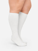 White knee-high compression socks — 15–25 mmHg graduated, unisex fit