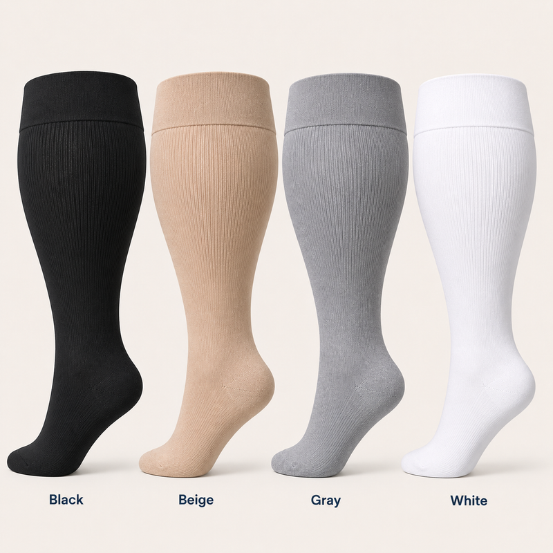 Plus size wide calf compression socks in 4 colors: black, beige, gray, white plus size wide calf compression socks