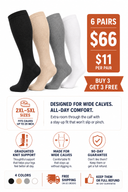 6 pairs of plus size wide calf compression socks for $66 — buy 3 get 3 free, 4 colors, sizes 2XL-5XL