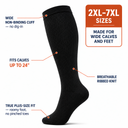 Plus size compression sock features — wide non-binding cuff, sizes 2XL to 7XL, fits calves up to 24 inches, roomy plus-size foot, breathable ribbed knit