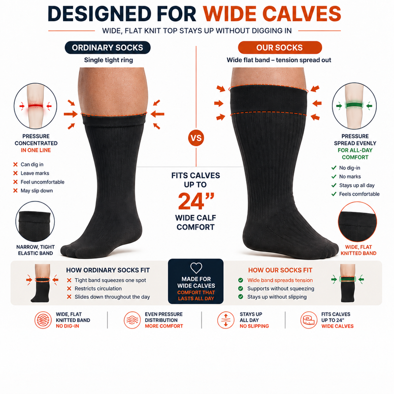 Wide flat knitted band vs single tight ring — designed for wide calves, fits calves up to 24 inches plus size wide calf compression socks