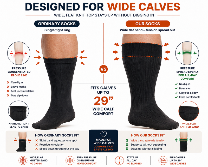 Wide flat knitted band vs single tight ring — designed for wide calves, no dig-in plus size wide calf compression socks