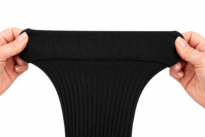 Hands stretching the wide top cuff of a plus size compression sock — super-stretch knit plus size wide calf compression socks