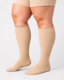 Beige plus size wide calf compression socks on full calves