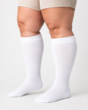 White plus size wide calf compression socks on full calves